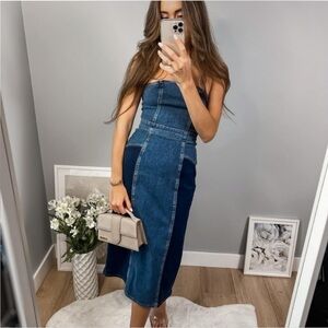 Zara The Contrast Blue Denim Cotton Strapless midi Dress sz.XS